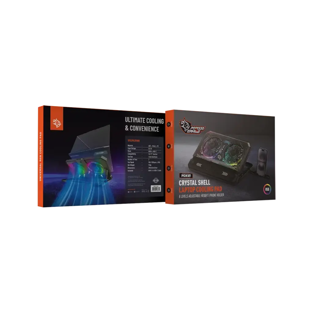 PORODO PDX121 Gaming Crystal Shell Laptop Cooling Pad With 8 Levels Adjustable Height & Phone Holder